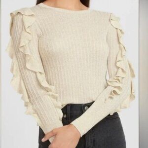 Express Gold Shimmer ribbed crew neck sweater with ruffle sleeves detail-SIZE XS